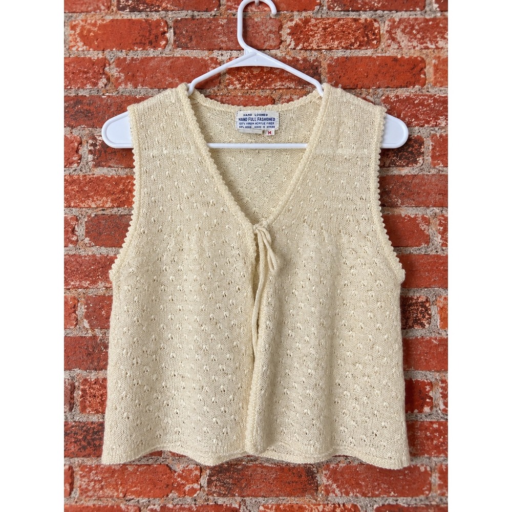 VTG 70s Hand Loomed Pointelle Knit Tie Front Sweater Vest M Coquette Layering